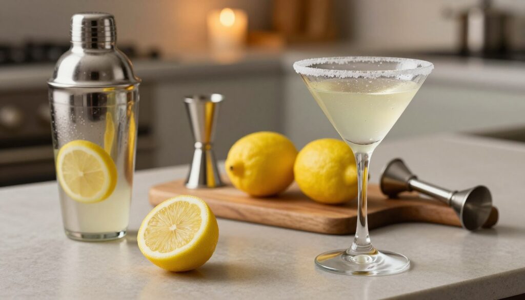A beautifully arranged countertop scene showcasing the preparation of a Lemon Drop Martini. In the foreground, a stylish cocktail shaker filled with vodka, fresh lemon juice, and simple syrup, alongside a vibrant yellow lemon, sliced in half. A martini glass, chilled and glistening with condensation, sits nearby, rimmed with a fine sugar coating. In the middle ground, a cutting board with additional whole lemons, a jigger, and a muddler, all artfully arranged to suggest an inviting preparation process. The background features a softly blurred kitchen setting with warm, ambient lighting, creating a cozy and inviting atmosphere. Utilize a shallow depth of field to focus on the ingredients, while highlighting the elegant curvature of the martini glass, evoking a sense of sophistication and joy in cocktail crafting. A beautifully arranged countertop scene showcasing the preparation of a Lemon Drop Martini. In the foreground, a stylish cocktail shaker filled with vodka, fresh lemon juice, and simple syrup, alongside a vibrant yellow lemon, sliced in half. A martini glass, chilled and glistening with condensation, sits nearby, rimmed with a fine sugar coating. In the middle ground, a cutting board with additional whole lemons, a jigger, and a muddler, all artfully arranged to suggest an inviting preparation process. The background features a softly blurred kitchen setting with warm, ambient lighting, creating a cozy and inviting atmosphere. Utilize a shallow depth of field to focus on the ingredients, while highlighting the elegant curvature of the martini glass, evoking a sense of sophistication and joy in cocktail crafting.