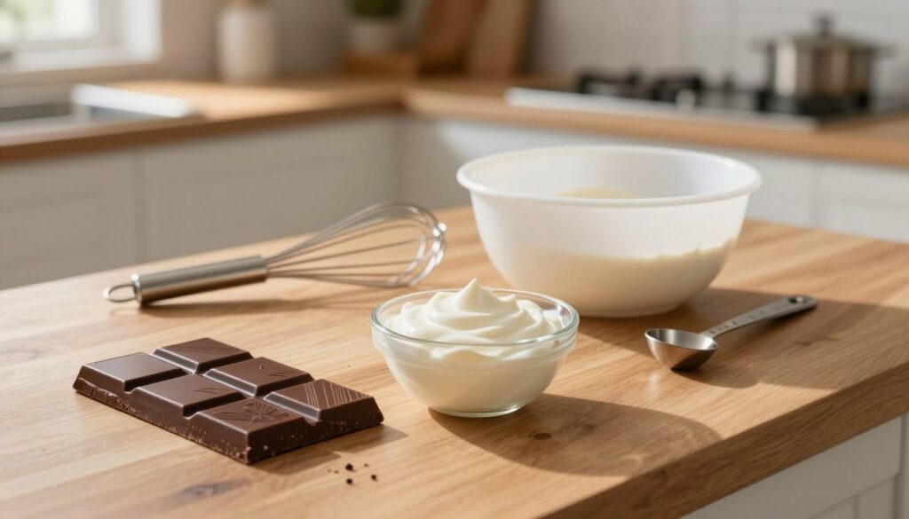 A beautifully arranged display of chocolate ganache ingredients on a wooden kitchen countertop. In the foreground, there are a rich, dark chocolate bar and a small bowl of heavy cream, with a few measuring spoons nearby. In the middle ground, a whisk and a heatproof bowl sit elegantly, ready for preparation. The background features a soft focus of a cozy kitchen with warm, natural lighting, creating a welcoming atmosphere. The soft sunlight filters through a nearby window, casting gentle shadows. Capture this scene from a slightly elevated angle to highlight the textures of the chocolate and cream, evoking a sense of warmth and indulgence, perfect for illustrating the rich allure of making chocolate ganache. A beautifully arranged display of chocolate ganache ingredients on a wooden kitchen countertop. In the foreground, there are a rich, dark chocolate bar and a small bowl of heavy cream, with a few measuring spoons nearby. In the middle ground, a whisk and a heatproof bowl sit elegantly, ready for preparation. The background features a soft focus of a cozy kitchen with warm, natural lighting, creating a welcoming atmosphere. The soft sunlight filters through a nearby window, casting gentle shadows. Capture this scene from a slightly elevated angle to highlight the textures of the chocolate and cream, evoking a sense of warmth and indulgence, perfect for illustrating the rich allure of making chocolate ganache.