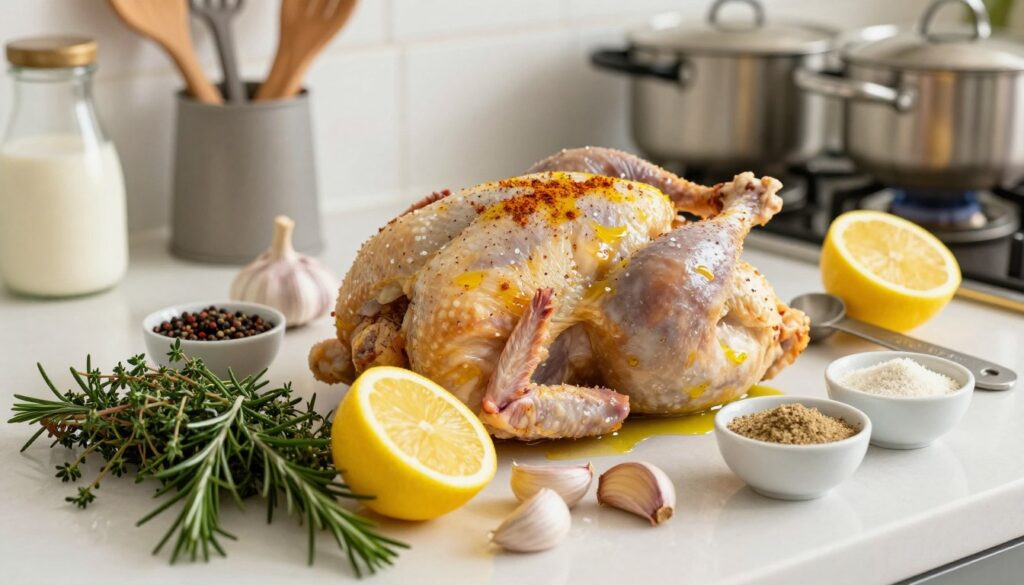 A beautifully arranged kitchen countertop showcasing the essential ingredients and seasonings for preparing a Cornish hen. In the foreground, vibrant fresh herbs like rosemary and thyme, along with a halved lemon and whole garlic cloves scattered artfully. The middle features the Cornish hen itself, seasoned with a blend of salt, pepper, and paprika, glistening with olive oil. Surrounding it are measuring spoons and small bowls containing spices such as garlic powder and onion powder. In the background, a soft-focus of kitchen utensils and pots adds depth, while warm, natural lighting enhances the fresh colors and textures, creating a cozy, inviting atmosphere. The image should evoke anticipation and inspiration for cooking. A beautifully arranged kitchen countertop showcasing the essential ingredients and seasonings for preparing a Cornish hen. In the foreground, vibrant fresh herbs like rosemary and thyme, along with a halved lemon and whole garlic cloves scattered artfully. The middle features the Cornish hen itself, seasoned with a blend of salt, pepper, and paprika, glistening with olive oil. Surrounding it are measuring spoons and small bowls containing spices such as garlic powder and onion powder. In the background, a soft-focus of kitchen utensils and pots adds depth, while warm, natural lighting enhances the fresh colors and textures, creating a cozy, inviting atmosphere. The image should evoke anticipation and inspiration for cooking.