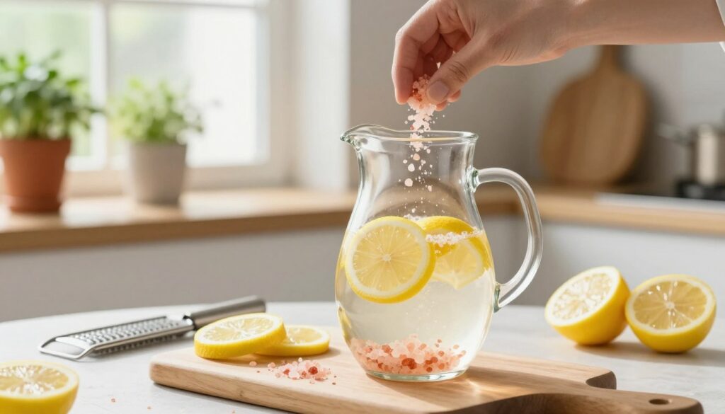 A bright and inviting kitchen scene featuring the preparation of pink salt lemon water. In the foreground, a clear glass pitcher filled with refreshing lemon water, slices of fresh lemon floating on top. A small mound of pink Himalayan salt sits nearby on a wooden cutting board, along with a few lemon halves and a zester. In the middle of the composition, a hand is gently pouring the pink salt into the pitcher, creating a sense of action. The background shows a sunlit kitchen with potted herbs on a windowsill, adding a natural freshness to the atmosphere. Soft, natural lighting enhances the vibrant colors, with a warm and inviting mood perfect for a healthy lifestyle. The entire scene is clear and well-composed, capturing the simplicity and appeal of this refreshing drink. A bright and inviting kitchen scene featuring the preparation of pink salt lemon water. In the foreground, a clear glass pitcher filled with refreshing lemon water, slices of fresh lemon floating on top. A small mound of pink Himalayan salt sits nearby on a wooden cutting board, along with a few lemon halves and a zester. In the middle of the composition, a hand is gently pouring the pink salt into the pitcher, creating a sense of action. The background shows a sunlit kitchen with potted herbs on a windowsill, adding a natural freshness to the atmosphere. Soft, natural lighting enhances the vibrant colors, with a warm and inviting mood perfect for a healthy lifestyle. The entire scene is clear and well-composed, capturing the simplicity and appeal of this refreshing drink.
