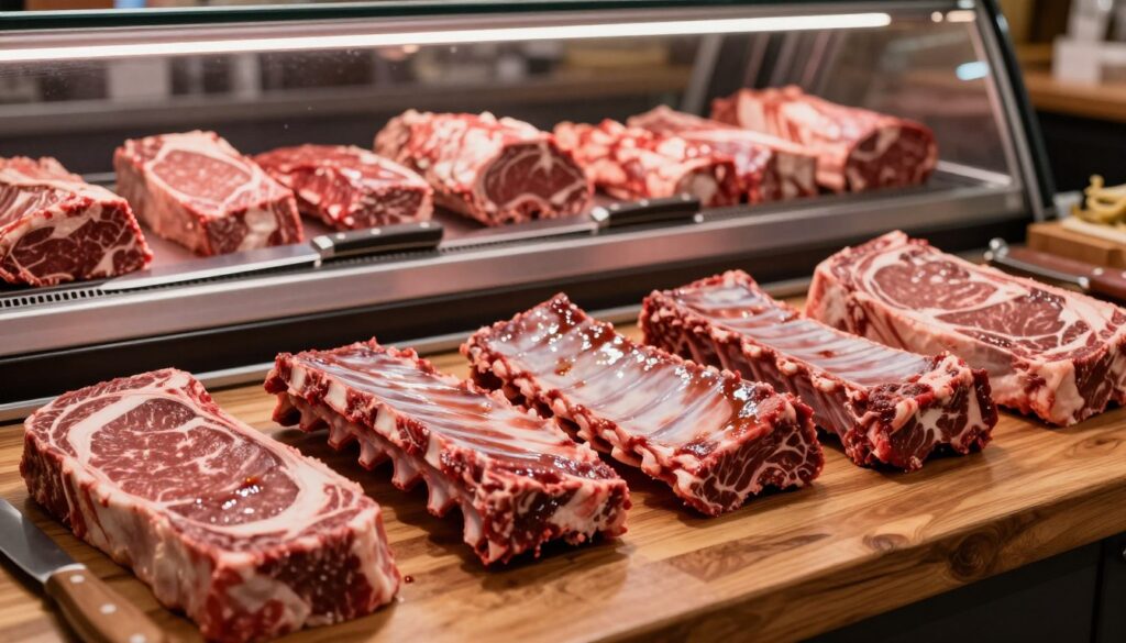 beef-rib-cuts-on-butcher-counter-with-tools