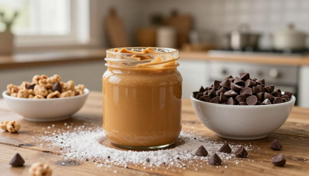 A close-up arrangement of ingredients for a chocolate peanut butter snack, featuring a rich, creamy jar of peanut butter, a bowl overflowing with dark chocolate chips, and a generous sprinkle of powdered sugar on a rustic wooden tabletop. In the background, a soft-focus view of a cozy kitchen, with warm, inviting lighting filtering through a nearby window, creating a comforting atmosphere. The scene includes a small, elegant dish filled with Rice Chex cereal, subtly hinting at the texture and base of the recipe. Capture the mood of warmth and deliciousness, emphasizing the delectable and indulgent nature of these ingredients. A close-up arrangement of ingredients for a chocolate peanut butter snack, featuring a rich, creamy jar of peanut butter, a bowl overflowing with dark chocolate chips, and a generous sprinkle of powdered sugar on a rustic wooden tabletop. In the background, a soft-focus view of a cozy kitchen, with warm, inviting lighting filtering through a nearby window, creating a comforting atmosphere. The scene includes a small, elegant dish filled with Rice Chex cereal, subtly hinting at the texture and base of the recipe. Capture the mood of warmth and deliciousness, emphasizing the delectable and indulgent nature of these ingredients.