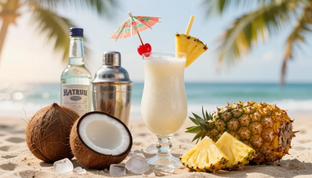 A close-up view of a beautifully arranged coconut cream piña colada setup. In the foreground, vibrant ingredients are artistically displayed: fresh coconuts filled with creamy coconut milk, ripe pineapple slices with their juicy golden flesh, a scattering of crushed ice, and a bottle of white rum. In the middle, a stylish cocktail shaker and a whimsical glass filled with a luscious piña colada, garnished with a maraschino cherry and a tiny paper umbrella. In the background, a tropical beach setting with soft out-of-focus palm trees and gentle waves, illuminated by warm, golden sunlight that creates a relaxed, inviting atmosphere. Use a shallow depth of field to highlight the ingredients, with a soft bokeh effect in the background to convey a sense of paradise.