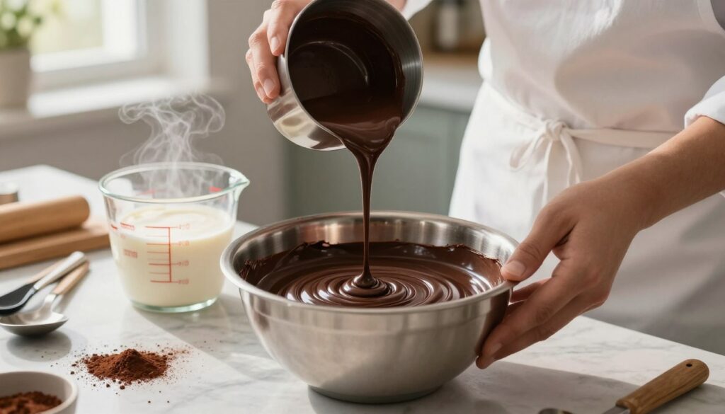 A close-up view of a chef’s hands preparing chocolate ganache frosting, with rich, glossy, melted dark chocolate in a stainless steel bowl, surrounded by a steaming measuring cup of heavy cream. The chef, wearing a white apron and a simple shirt, carefully pours the cream into the bowl, creating a luscious swirl. In the background, soft natural light filters through a kitchen window, casting a warm glow on marble countertops adorned with scattered cocoa powder and a tidy array of baking utensils. The mood is inviting and homey, capturing the essence of a delicious baking moment as the ganache comes together, with rich textures that emphasize the simplicity of this two-ingredient recipe. A close-up view of a chef’s hands preparing chocolate ganache frosting, with rich, glossy, melted dark chocolate in a stainless steel bowl, surrounded by a steaming measuring cup of heavy cream. The chef, wearing a white apron and a simple shirt, carefully pours the cream into the bowl, creating a luscious swirl. In the background, soft natural light filters through a kitchen window, casting a warm glow on marble countertops adorned with scattered cocoa powder and a tidy array of baking utensils. The mood is inviting and homey, capturing the essence of a delicious baking moment as the ganache comes together, with rich textures that emphasize the simplicity of this two-ingredient recipe.