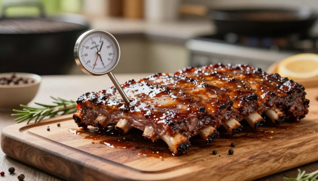 A close-up view of succulent beef ribs on a rustic wooden cutting board, glistening with a rich, smoky glaze. In the foreground, a stainless steel meat thermometer is inserted into the thickest part of the rib, indicating the ideal temperature for tenderness. Surrounding the ribs, herbs and spices are artfully arranged, hinting at the flavor profile. The middle ground features a softly blurred kitchen setting with warm, natural lighting accentuating the rich colors of the meat. In the background, a hint of a grill can be seen, slightly out of focus, adding to the outdoor cooking ambiance. The atmosphere is inviting and mouthwatering, emphasizing the idea of delicious, fall-off-the-bone beef ribs. A close-up view of succulent beef ribs on a rustic wooden cutting board, glistening with a rich, smoky glaze. In the foreground, a stainless steel meat thermometer is inserted into the thickest part of the rib, indicating the ideal temperature for tenderness. Surrounding the ribs, herbs and spices are artfully arranged, hinting at the flavor profile. The middle ground features a softly blurred kitchen setting with warm, natural lighting accentuating the rich colors of the meat. In the background, a hint of a grill can be seen, slightly out of focus, adding to the outdoor cooking ambiance. The atmosphere is inviting and mouthwatering, emphasizing the idea of delicious, fall-off-the-bone beef ribs.