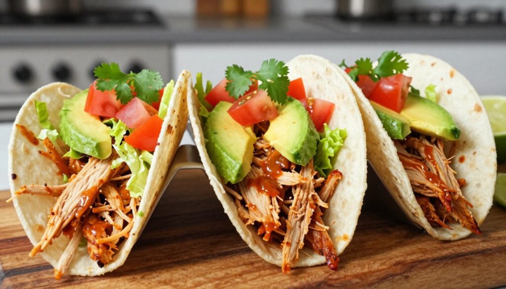 A close-up view of three freshly made shredded chicken tacos, beautifully arranged on a rustic wooden surface. Each taco is generously filled with succulent, tender shredded chicken, glistening with a light sheen of sauce. Vibrant toppings include diced tomatoes, crispy lettuce, and creamy avocado slices, all accented with bright green cilantro leaves. Soft corn tortillas cradle the filling, showcasing their delicate texture. The background features a softly blurred kitchen setting, hinting at a cozy, inviting atmosphere. Natural light streams in from the side, highlighting the fresh ingredients and creating an appetizing, warm glow. The overall mood is lively and inviting, perfect for showcasing delicious and creative culinary dishes.