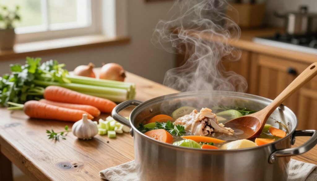 simmering-chicken-stock-with-vegetables-and-herbs-in-pot