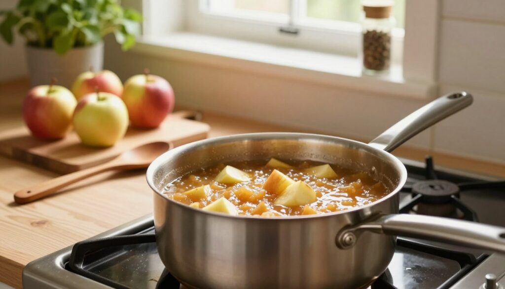 A cozy kitchen setting featuring a saucepan bubbling with homemade applesauce on the stove. In the foreground, focus on the shiny metal saucepan filled with a rich, golden-brown mixture, with chunks of apples visible. The middle of the scene includes a wooden spoon resting next to the pan, and fresh apples scattered on a cutting board, highlighting the ingredients. In the background, warm, soft natural light pours in through a nearby window, illuminating the countertops and adding an inviting atmosphere. The scene is framed with potted herbs and spices nearby, enhancing the homemade feel. The overall mood is warm, comforting, and inviting, perfect for illustrating the process of making applesauce at home. A cozy kitchen setting featuring a saucepan bubbling with homemade applesauce on the stove. In the foreground, focus on the shiny metal saucepan filled with a rich, golden-brown mixture, with chunks of apples visible. The middle of the scene includes a wooden spoon resting next to the pan, and fresh apples scattered on a cutting board, highlighting the ingredients. In the background, warm, soft natural light pours in through a nearby window, illuminating the countertops and adding an inviting atmosphere. The scene is framed with potted herbs and spices nearby, enhancing the homemade feel. The overall mood is warm, comforting, and inviting, perfect for illustrating the process of making applesauce at home.