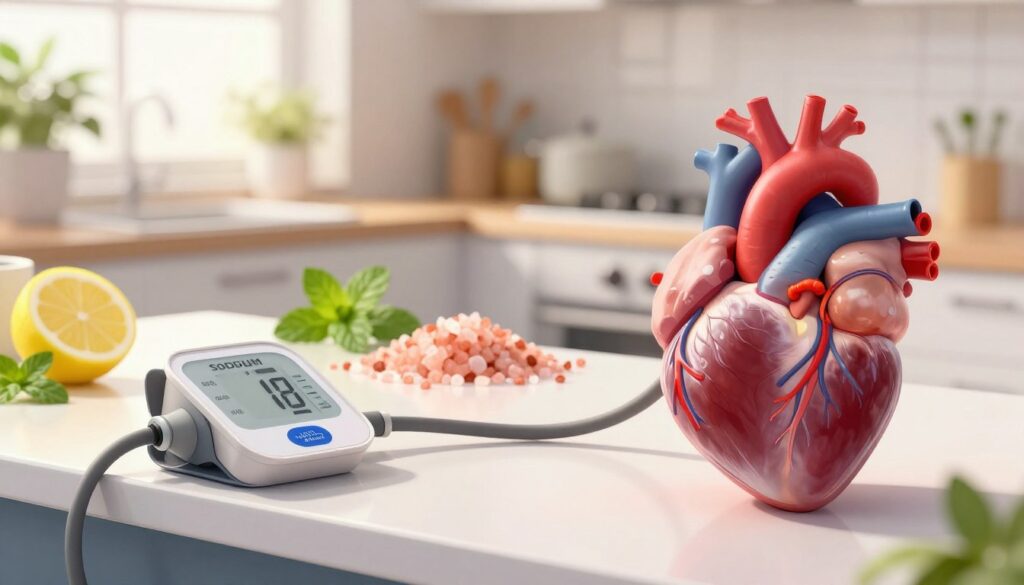 A health-focused illustration depicting the health risks of sodium intake and blood pressure monitoring. In the foreground, a detailed anatomical heart is highlighted, showing visible veins and arteries under a soft, warm light. Surrounding it, clinical instruments like a blood pressure monitor rest on a sleek, modern counter. The middle ground features an array of colorful pink salt crystals, emphasizing the wellness aspect, alongside fresh ingredients like lemon and mint leaves. In the background, there is a softly blurred kitchen scene with plants and natural light streaming in through a window, creating an inviting atmosphere. The overall mood is informative yet calming, capturing the essentials of health considerations visually. A health-focused illustration depicting the health risks of sodium intake and blood pressure monitoring. In the foreground, a detailed anatomical heart is highlighted, showing visible veins and arteries under a soft, warm light. Surrounding it, clinical instruments like a blood pressure monitor rest on a sleek, modern counter. The middle ground features an array of colorful pink salt crystals, emphasizing the wellness aspect, alongside fresh ingredients like lemon and mint leaves. In the background, there is a softly blurred kitchen scene with plants and natural light streaming in through a window, creating an inviting atmosphere. The overall mood is informative yet calming, capturing the essentials of health considerations visually.