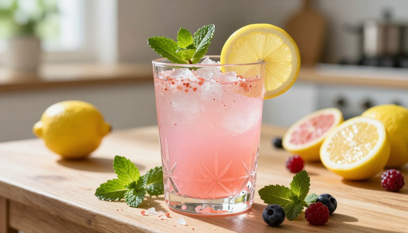 Pink-salt-lemon-drink-with-mint-on-table