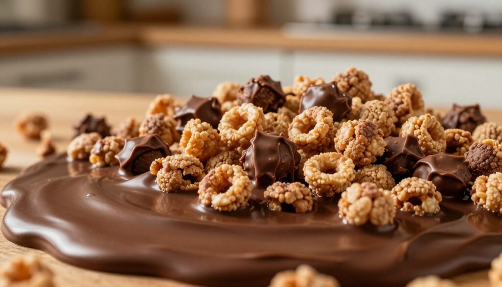 A rich, glossy pool of melted chocolate coating is artfully draped over clusters of Chex cereal. In the foreground, a smooth, deep brown chocolate texture glistens under warm, soft lighting, highlighting the creaminess and sheen of the chocolate. The middle ground features scattered pieces of cereal coated with chocolate, some still dripping slightly, creating a sense of indulgence and appeal. The background consists of a cozy kitchen setting, softly blurred to keep the focus on the chocolate and cereal. The overall atmosphere is warm and inviting, evoking a sense of comfort and deliciousness, perfect for a homemade treat. The scene is captured with a subtle depth of field, emphasizing the texture and richness of the chocolate coating. A rich, glossy pool of melted chocolate coating is artfully draped over clusters of Chex cereal. In the foreground, a smooth, deep brown chocolate texture glistens under warm, soft lighting, highlighting the creaminess and sheen of the chocolate. The middle ground features scattered pieces of cereal coated with chocolate, some still dripping slightly, creating a sense of indulgence and appeal. The background consists of a cozy kitchen setting, softly blurred to keep the focus on the chocolate and cereal. The overall atmosphere is warm and inviting, evoking a sense of comfort and deliciousness, perfect for a homemade treat. The scene is captured with a subtle depth of field, emphasizing the texture and richness of the chocolate coating.