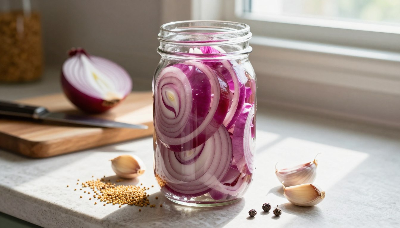 jar of sliced red onions in brine