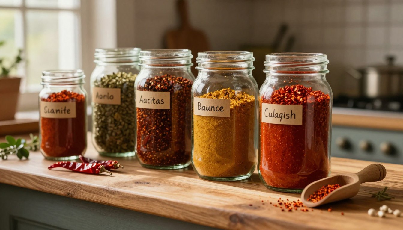 homemade-chili-seasoning-jars-on-wooden-shelf