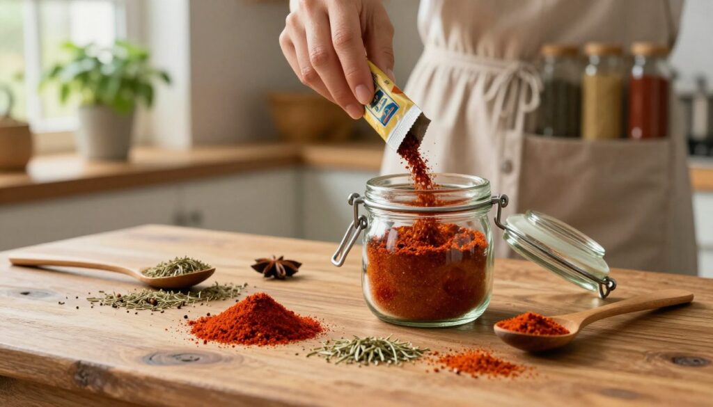 A rustic wooden kitchen table set with an arrangement of vibrant spices used for making homemade chili seasoning. In the foreground, a small heap of red chili powder, a tablespoon of cumin, and scattered whole spices like dried oregano and garlic powder create a colorful display. A glass jar filled with a freshly prepared chili seasoning blend sits to the right, partially open with a wooden spoon resting beside it. In the middle ground, a hand in a casual, modest attire is pouring spices from a packet into the jar, capturing the act of making chili seasoning. The background features blurred kitchen elements, such as a potted herb plant and shelves filled with more spices, with warm, natural light filtering through a nearby window, creating a cozy and inviting atmosphere.