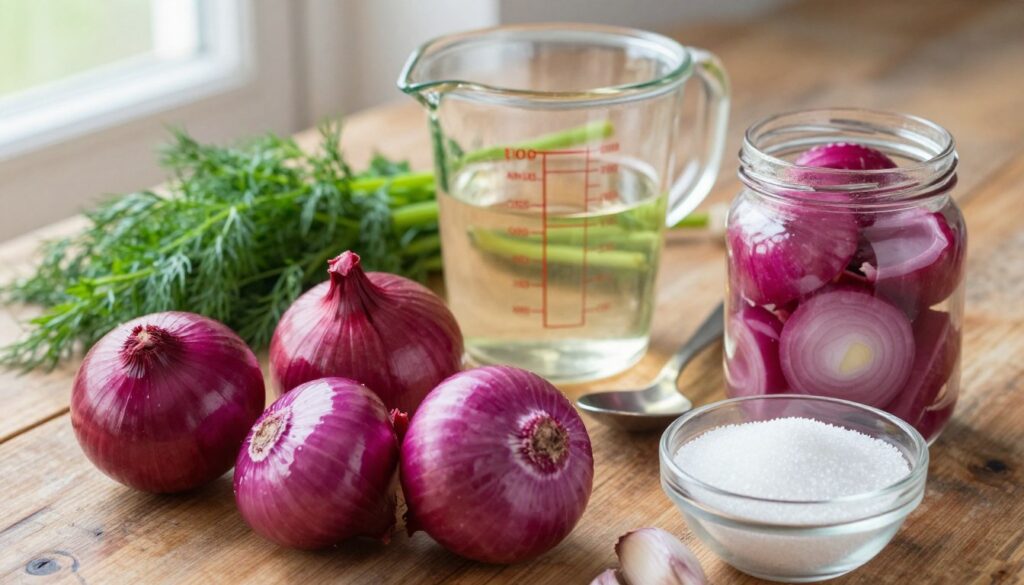 A vibrant arrangement of pickled onion ingredients for a quick pickle recipe, set on a rustic wooden countertop. In the foreground, there are fresh red onions, plump and glossy, alongside a small bowl of granulated sugar and a clear glass jar for pickling. In the middle, a measuring cup filled with apple cider vinegar and a teaspoon resting beside it adds to the composition. Background elements feature sprigs of dill and garlic cloves, subtly blurred to keep the focus sharp on the ingredients. The scene is illuminated by soft, natural light filtering through a nearby window, creating a warm and inviting atmosphere. The image conveys a sense of freshness and simplicity, perfect for illustrating a delicious and easy recipe.