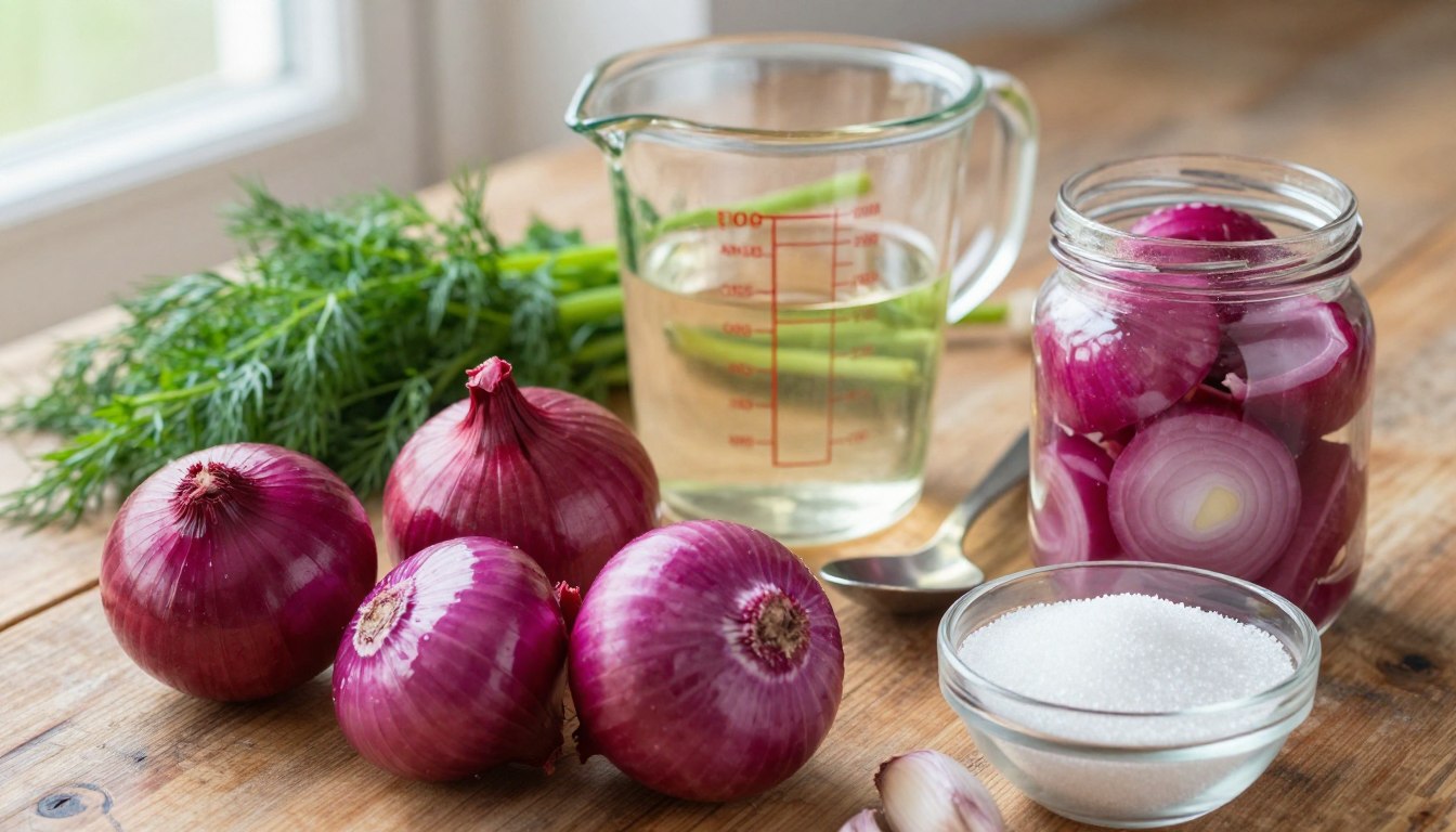 Pickled Red Onion Recipe ingredients on a wooden countertop