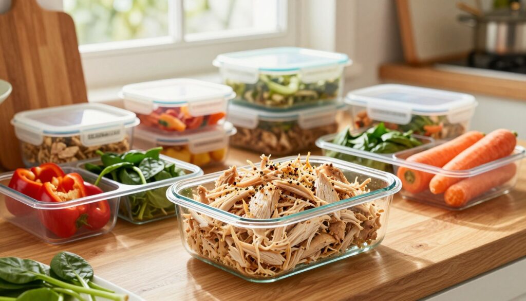 A vibrant kitchen scene showcasing the benefits of shredded chicken meal prep. In the foreground, a clear glass container filled with expertly shredded, tender chicken, seasoned with herbs and spices, sits invitingly on a wooden countertop. Surrounding the chicken are colorful compartments filled with fresh vegetables like bell peppers, spinach, and carrots, emphasizing health and variety. In the middle ground, an organized meal prep station displays additional meal prep containers, neatly labeled, alongside cooking utensils and a cutting board. The background features warm, natural light streaming through a window, illuminating the kitchen and creating a cozy, inviting atmosphere. The composition should be shot at a slightly elevated angle to capture the details while maintaining depth, evoking a sense of practicality and inspiration for home cooking.