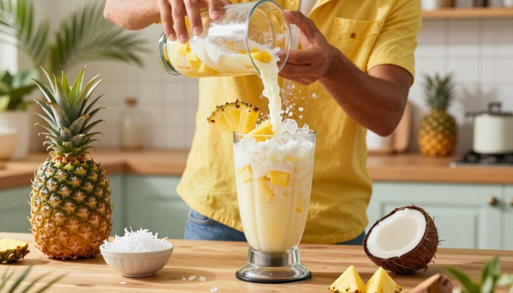 A vibrant kitchen setting featuring a detailed preparation of a frozen pina colada blended cocktail. In the foreground, a high-quality blender filled with crushed ice, fresh pineapple chunks, coconut cream, and white rum sits on a wooden countertop. A ripe pineapple and a small bowl of shredded coconut are nearby, ready for garnish. In the middle, a person in a bright, casual shirt skillfully pours the ingredients into the blender, showcasing the blending process with ice crystals flying. The background captures a sunlit kitchen with tropical-themed decor, palm plants, and soft, warm lighting that creates a cheerful atmosphere. The image conveys a sense of freshness and summer enjoyment, ideal for making this classic drink.