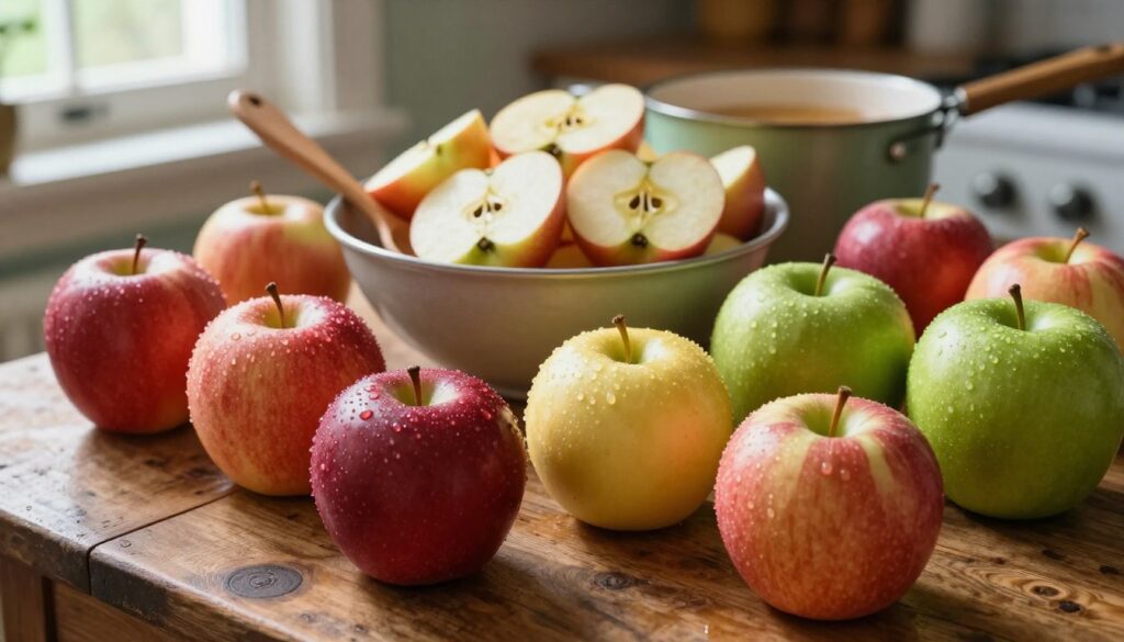 A visually appealing arrangement of the best apple varieties for applesauce, featuring a colorful display of ripe apples on a rustic wooden table. In the foreground, showcase a few close-up apples, including bright red Macintosh, golden Honeycrisp, and tart Granny Smith, glistening with morning dew. In the middle, depict a vintage kitchen scene, with a large bowl filled with freshly cut apples, a wooden spoon resting beside it, and a small pot simmering in the background. Soft, natural light filters through a nearby window, casting gentle shadows and highlighting the textures of the apples and wood. Create an inviting and warm atmosphere, evoking the cozy feeling of making homemade applesauce. The image should be captured from a slightly elevated angle, focusing on the apples while providing context of the kitchen setting. A visually appealing arrangement of the best apple varieties for applesauce, featuring a colorful display of ripe apples on a rustic wooden table. In the foreground, showcase a few close-up apples, including bright red Macintosh, golden Honeycrisp, and tart Granny Smith, glistening with morning dew. In the middle, depict a vintage kitchen scene, with a large bowl filled with freshly cut apples, a wooden spoon resting beside it, and a small pot simmering in the background. Soft, natural light filters through a nearby window, casting gentle shadows and highlighting the textures of the apples and wood. Create an inviting and warm atmosphere, evoking the cozy feeling of making homemade applesauce. The image should be captured from a slightly elevated angle, focusing on the apples while providing context of the kitchen setting.