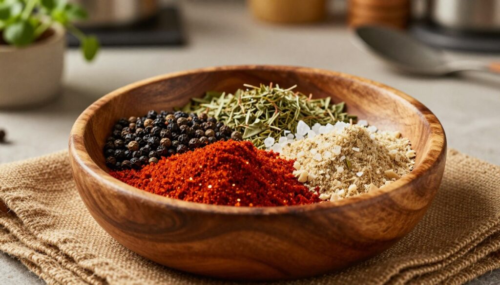 Chili seasoning ingredients artfully mixed in a rustic wooden bowl, showcasing vibrant colors and textures. In the foreground, visible spices include deep red chili powder, coarse black pepper, dried oregano, garlic powder, and onion powder, with some sea salt crystals glistening. The middle ground features the wooden bowl sitting on a textured, earthy-toned cloth that adds warmth to the scene. In the background, a softly blurred kitchen countertop can be seen, with subtle hints of herb plants in pots and cooking utensils, enhancing the homey atmosphere. The lighting is warm, highlighting the spices and casting gentle shadows, creating an inviting, cozy mood, ideal for a homemade recipe vibe. The image should be captured at a slight overhead angle, focusing on the bowl and its contents, without any text or distractions.