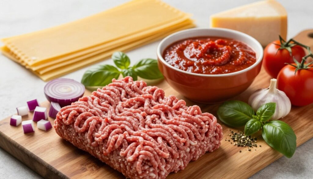 Ingredients for a lasagna recipe with raw ground beef, marinara sauce, garlic, onions, basil, tomatoes, uncooked lasagna noodles, and grated parmesan on a rustic table.