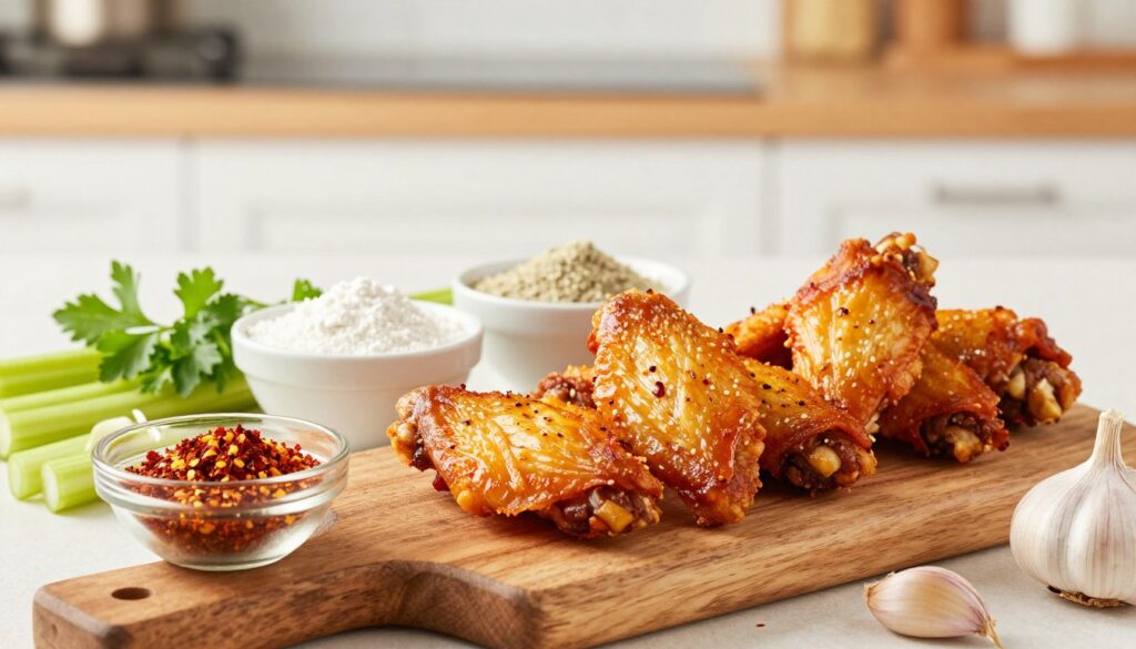 arranged-flat-lay-of-ingredients-for-a-crispy-baked-buffalo-wings-recipe