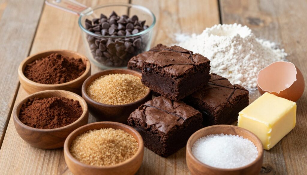 Overhead view of brownies recipe ingredients with cocoa powder, flour, sugars, butter, egg, and chocolate chips on a rustic wooden table.