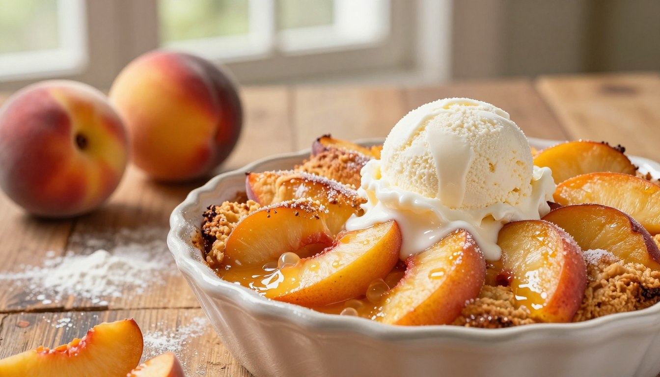 Homemade peach cobbler recipe served warm in a baking dish with a scoop of vanilla ice cream and fresh peaches on a rustic wooden table