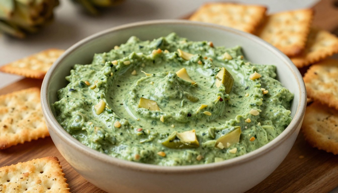 A close-up view of a bowl of creamy spinach artichoke dip, the dip is rich and velvety with a vibrant green color, speckled with small pieces of artichoke and flecks of garlic and herbs visible. The bowl is ceramic with a rustic flair, placed on a wooden serving board. Surrounding the dip are an assortment of golden, crispy crackers, some with seeds and herbs, appealingly arranged and ready for dipping. Soft, warm lighting enhances the creamy texture of the dip, casting gentle shadows that evoke a cozy, inviting atmosphere. The background is softly blurred, hinting at a casual gathering setting, with hints of warm colors that enhance the inviting mood perfect for a party appetizer.
