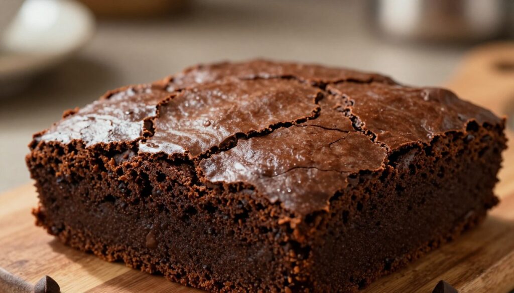 Close-up of a fudgy homemade brownie with a shiny crackly crust and rich chocolate texture on a rustic wooden table.