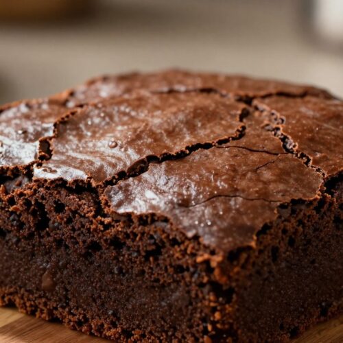 A close-up view of a perfectly baked brownie, showcasing its shiny top with a delicate, crackly crust. The surface glistens with a rich, deep chocolate hue, hinting at the fudgy texture beneath. Set against a softly blurred kitchen background, with warm, inviting lighting casting gentle highlights and shadows on the brownie. The focus is on the brownie, emphasizing the glossy finish and slight fissures on the crust. A rustic wooden surface underneath adds warmth, while a subtle hint of chocolate chips peeking from the sides adds to the allure. The atmosphere is cozy and inviting, evoking the comfort of homemade treats.