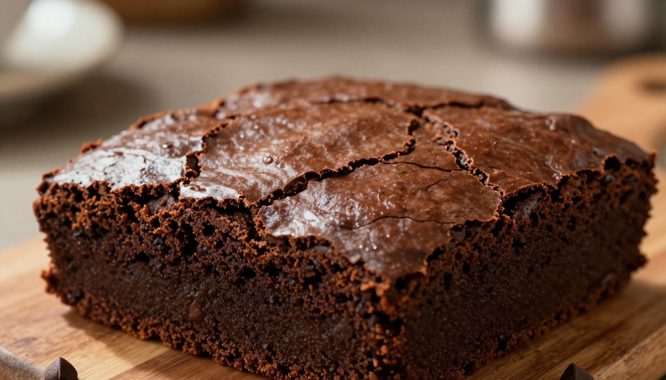 A close-up view of a perfectly baked brownie, showcasing its shiny top with a delicate, crackly crust. The surface glistens with a rich, deep chocolate hue, hinting at the fudgy texture beneath. Set against a softly blurred kitchen background, with warm, inviting lighting casting gentle highlights and shadows on the brownie. The focus is on the brownie, emphasizing the glossy finish and slight fissures on the crust. A rustic wooden surface underneath adds warmth, while a subtle hint of chocolate chips peeking from the sides adds to the allure. The atmosphere is cozy and inviting, evoking the comfort of homemade treats.