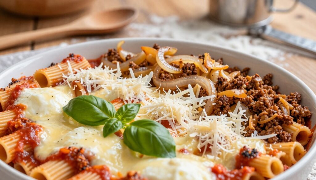 Homemade baked ziti ingredients including pasta, mozzarella, marinara sauce, and Parmesan arranged on a rustic wooden table