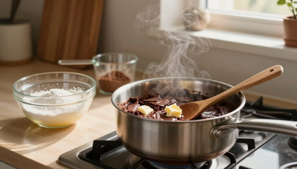 Saucepan with melted chocolate and butter for making fudgy brownies.