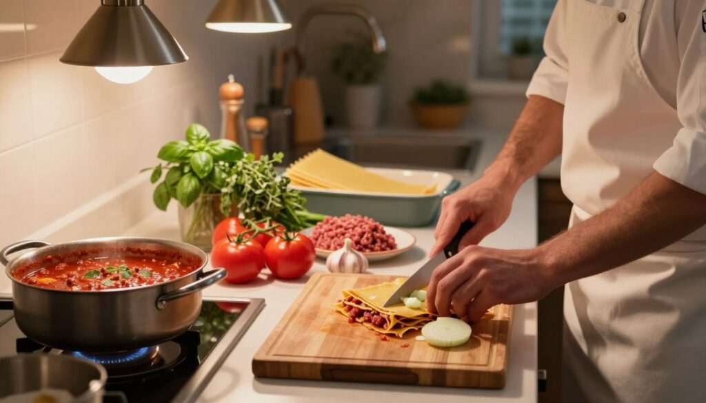 Chef preparing meat sauce for a lasagna recipe, chopping garlic and onions beside simmering marinara with tomatoes, herbs, ground beef, and lasagna noodles in a warm kitchen.