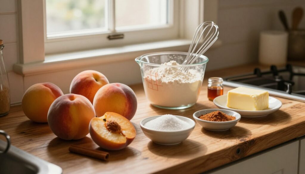 Fresh ingredients for peach cobbler recipe including ripe peaches, butter, sugar, flour, and cinnamon on a rustic kitchen counter
