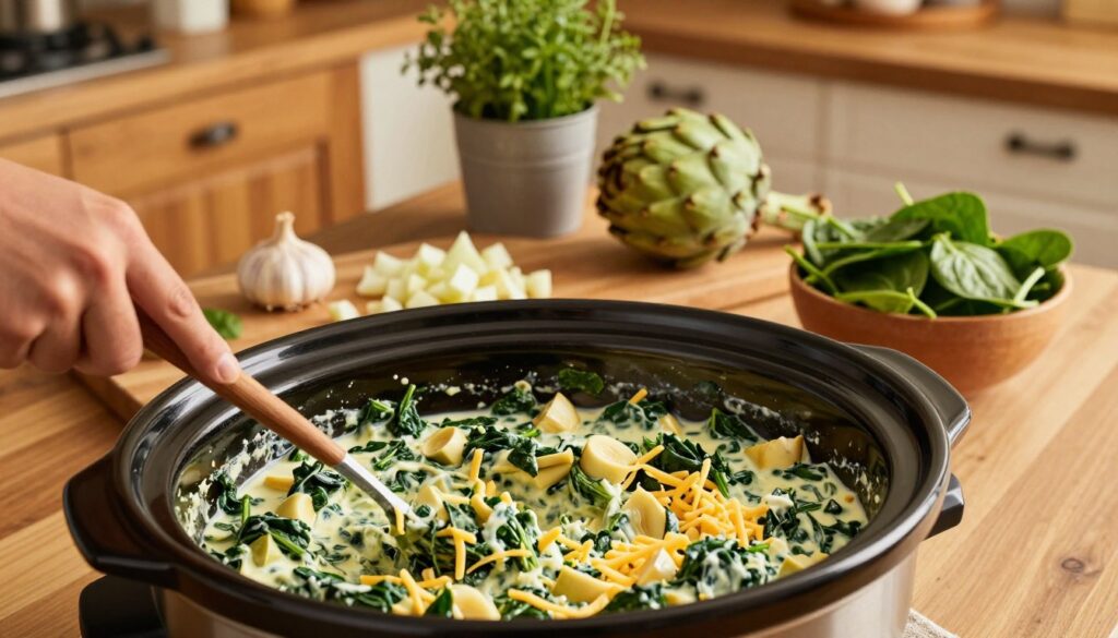Preparing creamy spinach artichoke dip in a slow cooker with fresh spinach and artichokes