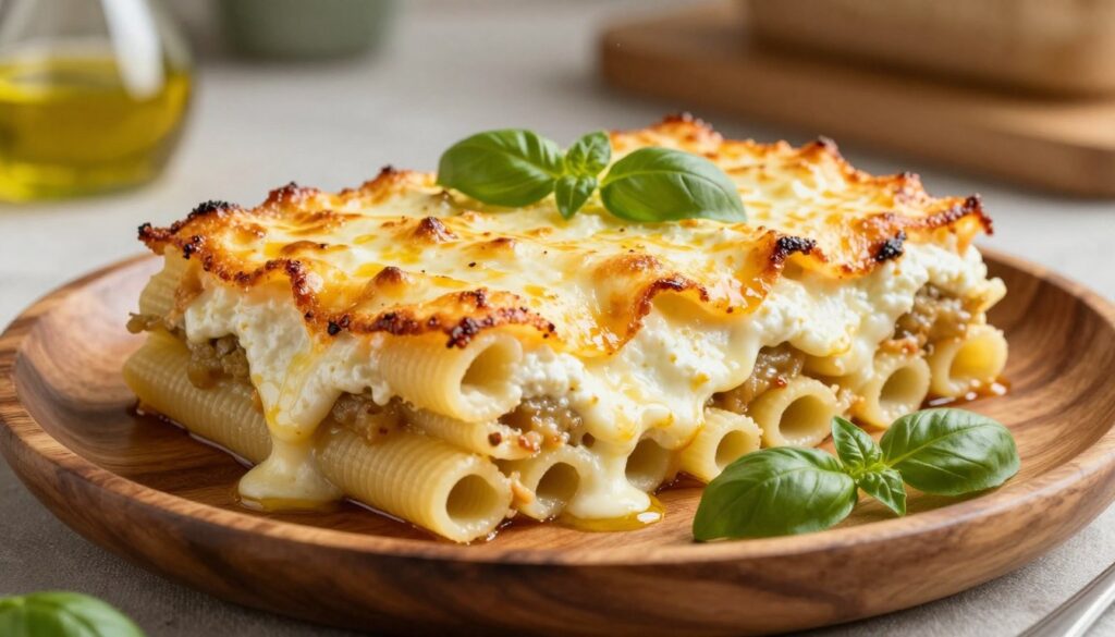 A delicious serving of baked ziti with rich layers of melted ricotta cheese, glistening with a golden-brown crust on top