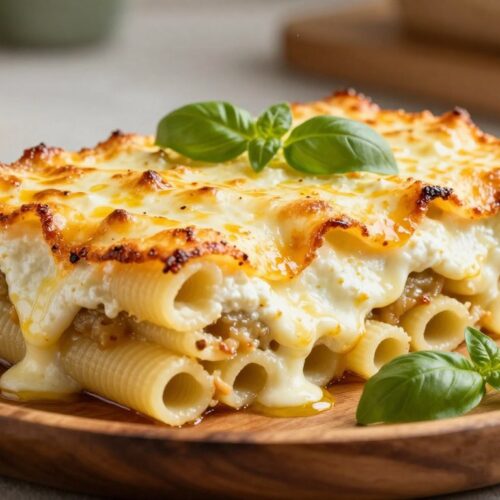 A delicious serving of baked ziti with rich layers of melted ricotta cheese, glistening with a golden-brown crust on top. In the foreground, focus on a generous portion on a rustic wooden plate, showcasing the pasta's creamy texture and the bubbling cheese. In the middle, the dish is surrounded by a sprinkle of fresh basil leaves and a drizzle of olive oil for added color. The background features a softly blurred kitchen setting with warm, inviting lighting, enhancing the cozy, home-cooked atmosphere. Capture this scene from a slightly elevated angle to emphasize the layered structure of the dish, making it appear hearty and comforting, evoking feelings of warmth and satisfaction.