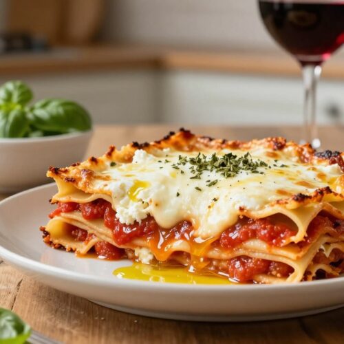 A delicious three-cheese lasagna beautifully presented on a rustic wooden table. The lasagna showcases golden layers of perfectly baked pasta, rich ricotta, and melted mozzarella, with a sprinkle of aromatic herbs on top. In the foreground, a slice has been artfully removed to reveal the soft, creamy layers and vibrant tomato sauce glistening with olive oil. The middle ground features a small bowl of fresh basil leaves and a glass of red wine, creating a warm, inviting atmosphere. The background softly blurs into a kitchen setting with natural light pouring through a nearby window, casting gentle shadows. The scene conveys a cozy, homely vibe, perfect for celebrating the essence of comfort food.