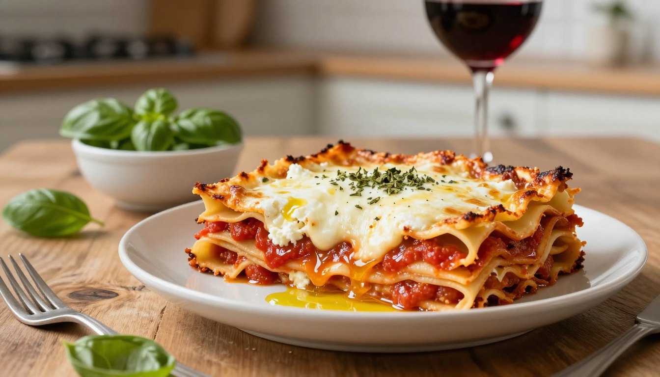 A delicious three-cheese lasagna beautifully presented on a rustic wooden table. The lasagna showcases golden layers of perfectly baked pasta, rich ricotta, and melted mozzarella, with a sprinkle of aromatic herbs on top. In the foreground, a slice has been artfully removed to reveal the soft, creamy layers and vibrant tomato sauce glistening with olive oil. The middle ground features a small bowl of fresh basil leaves and a glass of red wine, creating a warm, inviting atmosphere. The background softly blurs into a kitchen setting with natural light pouring through a nearby window, casting gentle shadows. The scene conveys a cozy, homely vibe, perfect for celebrating the essence of comfort food.