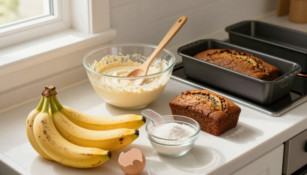 Ingredients for banana bread recipe on a kitchen countertop including ripe bananas, flour, eggs, and butter